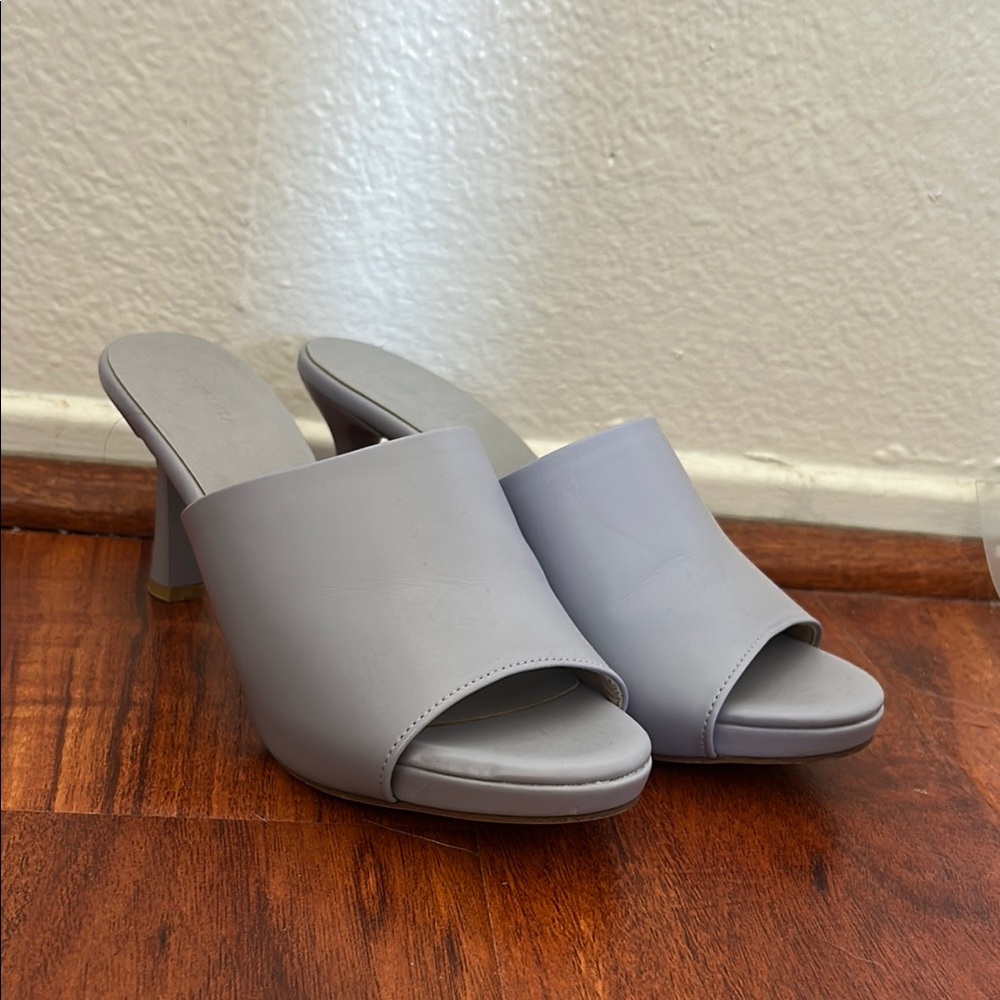 Gray Heeled Mules with Open Toe Design